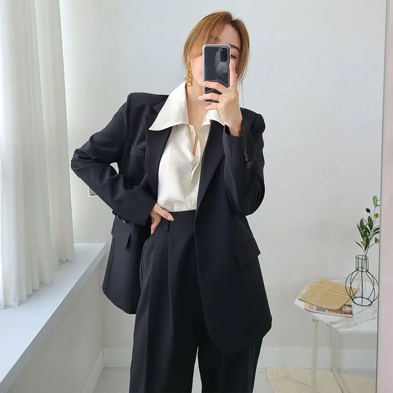 Women Spring Autumn Casual Suit Jackets Pants Two Piece Set 2024 New Office Lady Classic Black Blazers Trousers Workwear Outfits