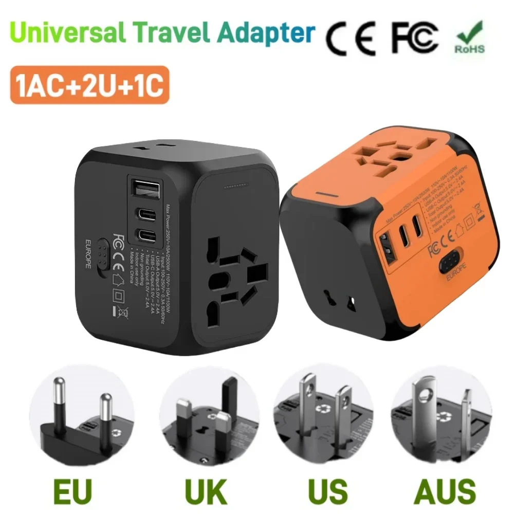 محول سفر عالمي، قابس متعدد 220 فولت إلى 5 فولت منفذ USB من النوع c مقبس متعدد الاتصال مع شاحن USB y Corriente للاتحاد الأوروبي/المملكة المتحدة/الولايات المتحدة الأمريكية