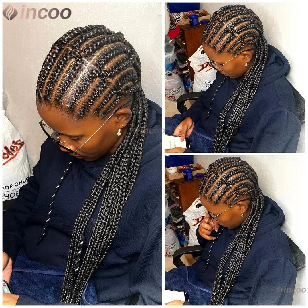 

36 "Corrow Braids Knotless Box Плетеные парики для чернокожих женщин HD Парик фронта шнурка с детскими волосами Коса Африканский парик Синтетические парики
