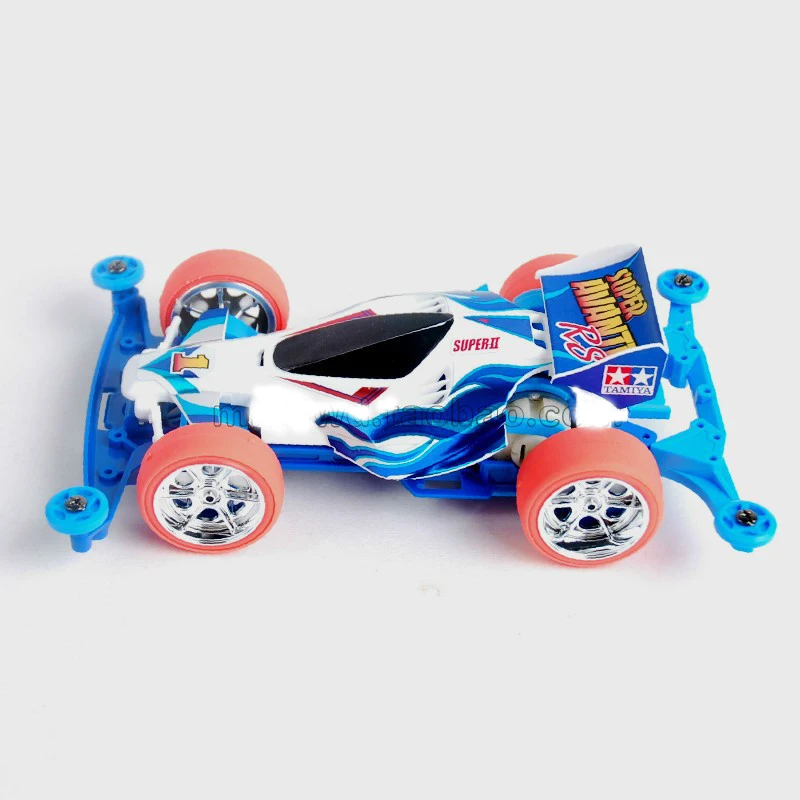 TAMIYA Mini 4WD Racer S2 Chassis Super Avante RS Plated Wheel Orange Tire w Single Sahft Motor Blue 18065 1/32 Racing Car Model