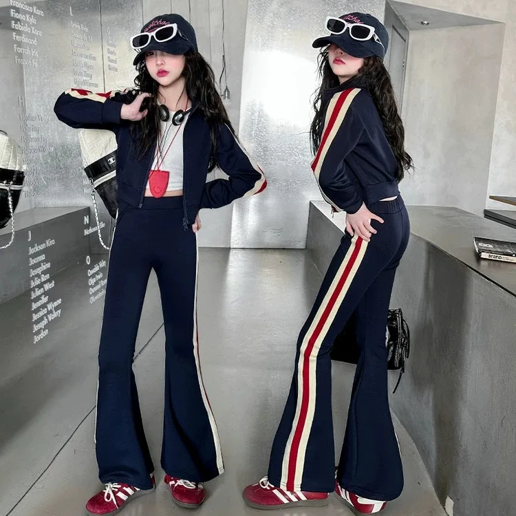 

2025 Teenager Girl striped autumn winter Kids Clothes crop top Jacket + Flare trousers pants Tracksuit Children 9 10 11 12 year