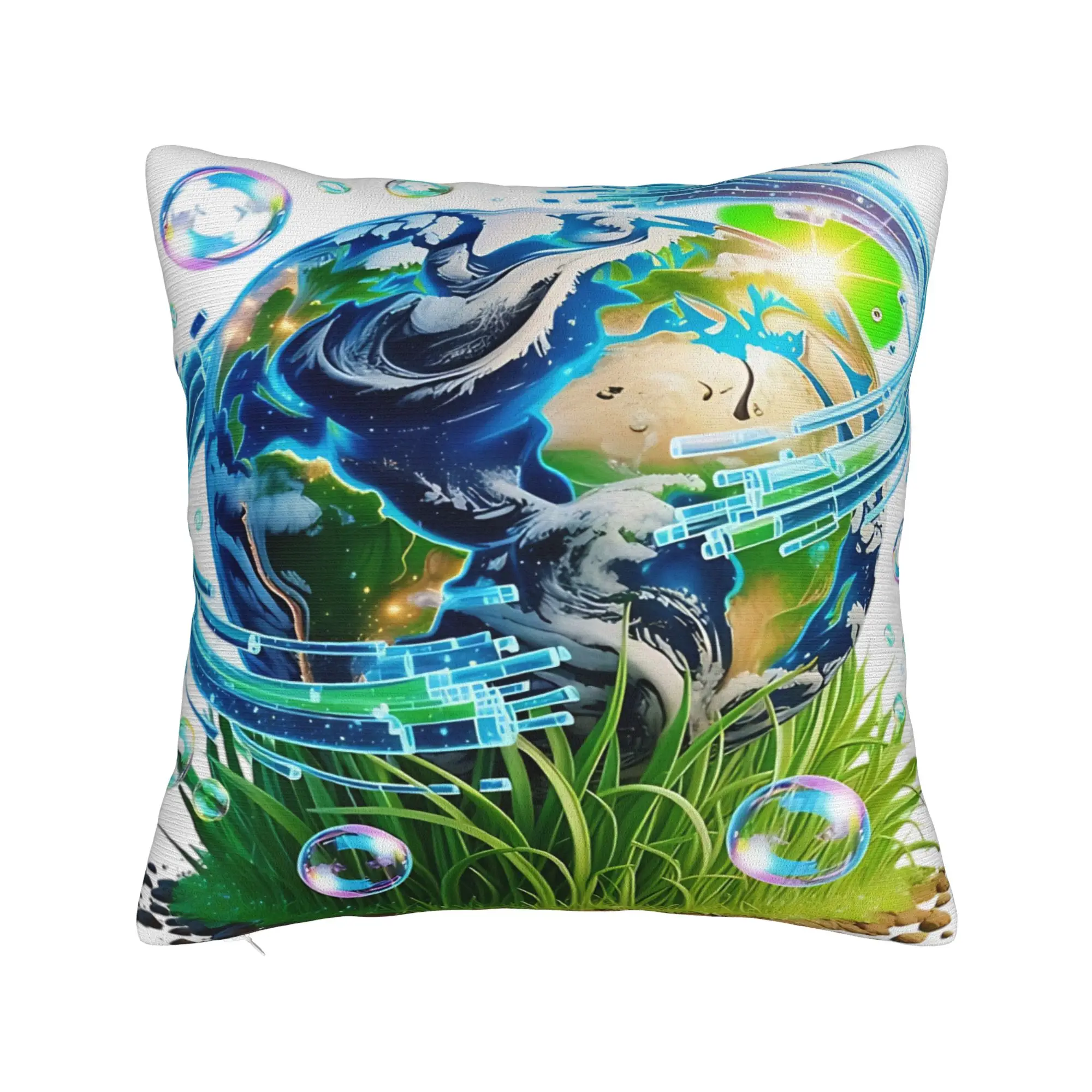 Glossy Eco Tech Globe Aesthetic  Square Pillow Cases Frutiger Aero Cushion Cover Zipper Decorative Pillowcase for Sofa 40*40cm