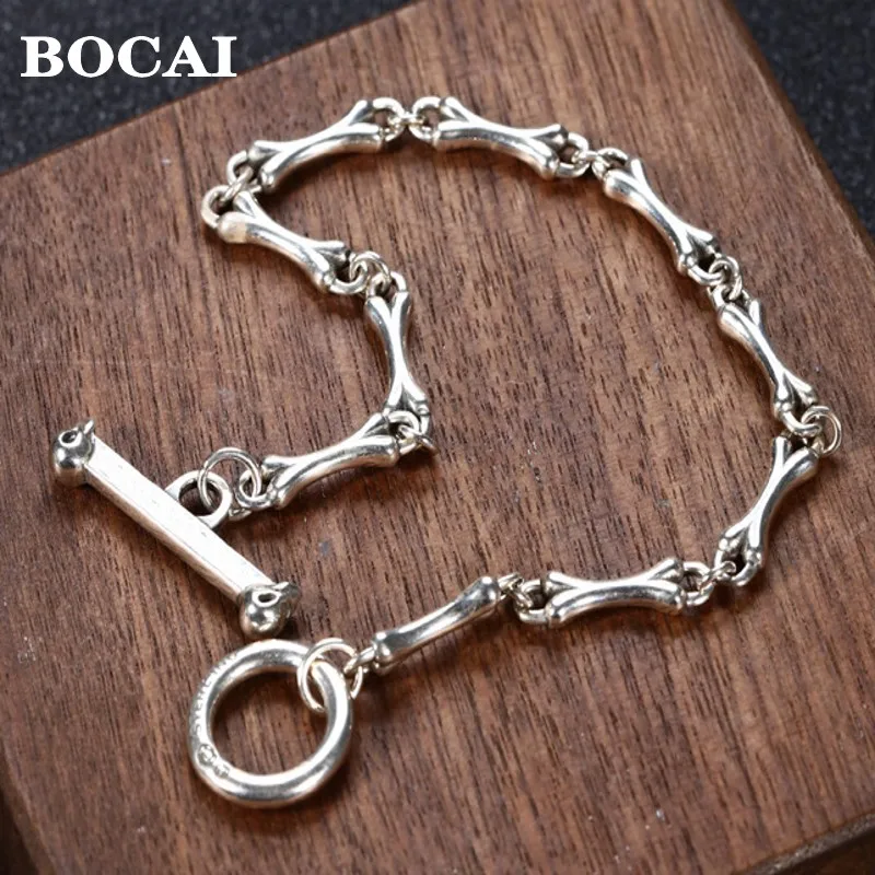 BOCAI S925 Silver Skull Bone Stitching OT Buckle Bracelets for Men and Women Personality Punk Style Trend Jewelry Holiday Gifts