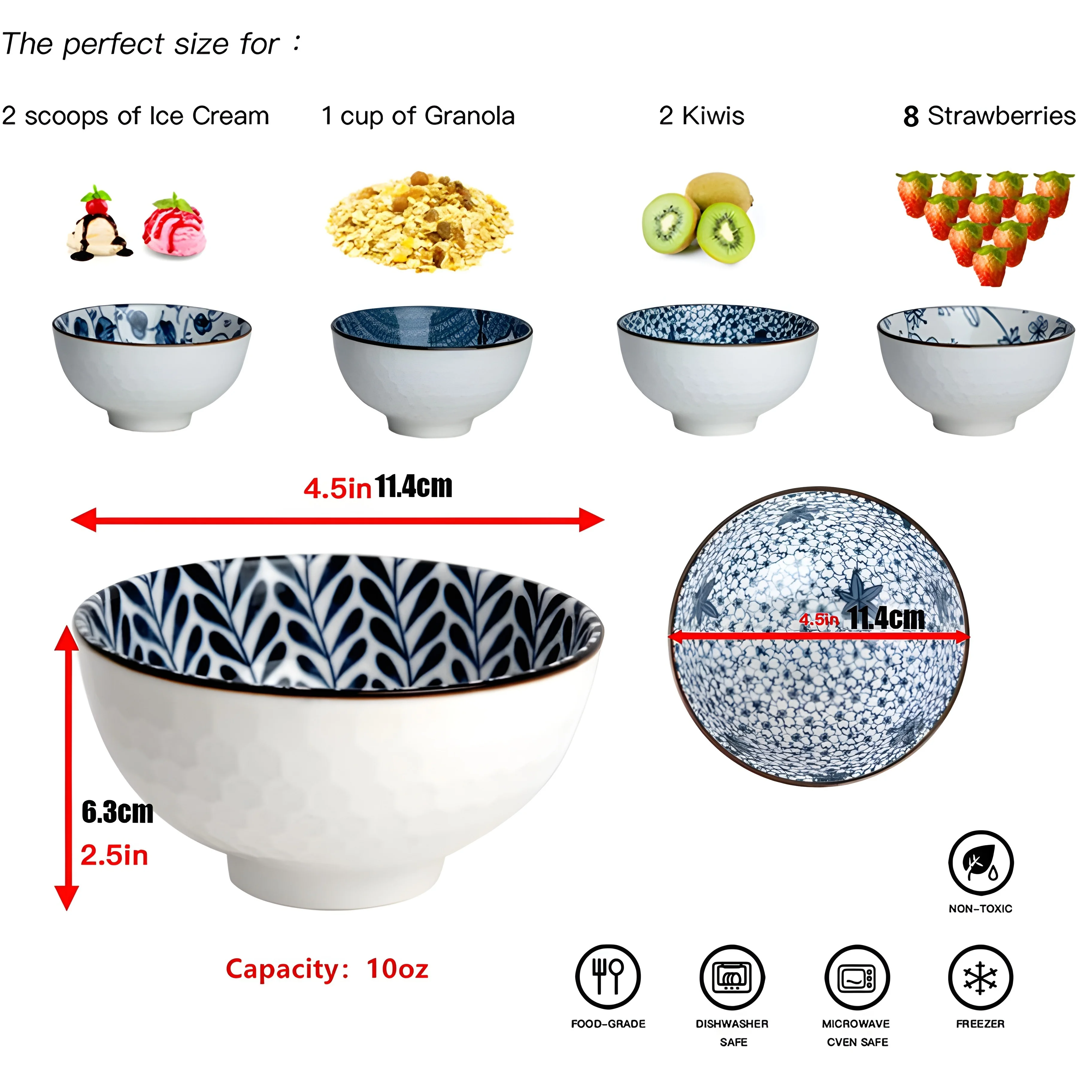 Japanese Style Ceramic Cereal Bowls,10 Ounces Salad,Soup,Rice Bowl Set,Blue and White (4.5 inch)