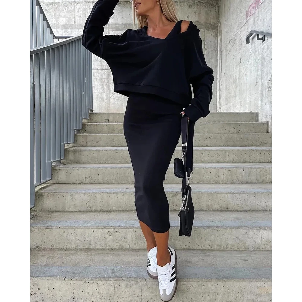Autumn And Winter Women's Fashion Grey Slim Fit Long Tank Top Dress V-neck Long Sleeve Hooded Sweater Coat 2-piece Set S-2XL