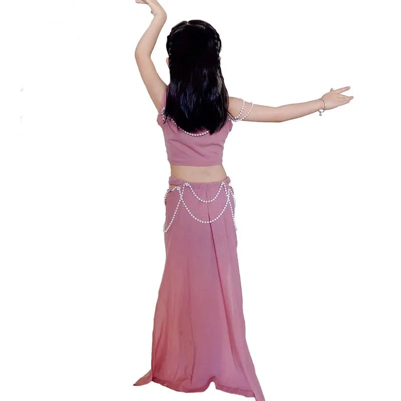 Summer Hot Sale Hight Quality Chirdren Girls Practice Camisole Dusty Pink Belly Dance Set