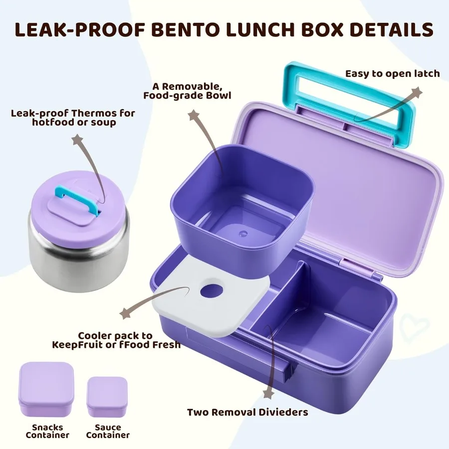Insulated Thermo Leakproof Bento Box with 8oz Food Jar and 2Compartment Container for Ideal for Back to School Lunches Perfect