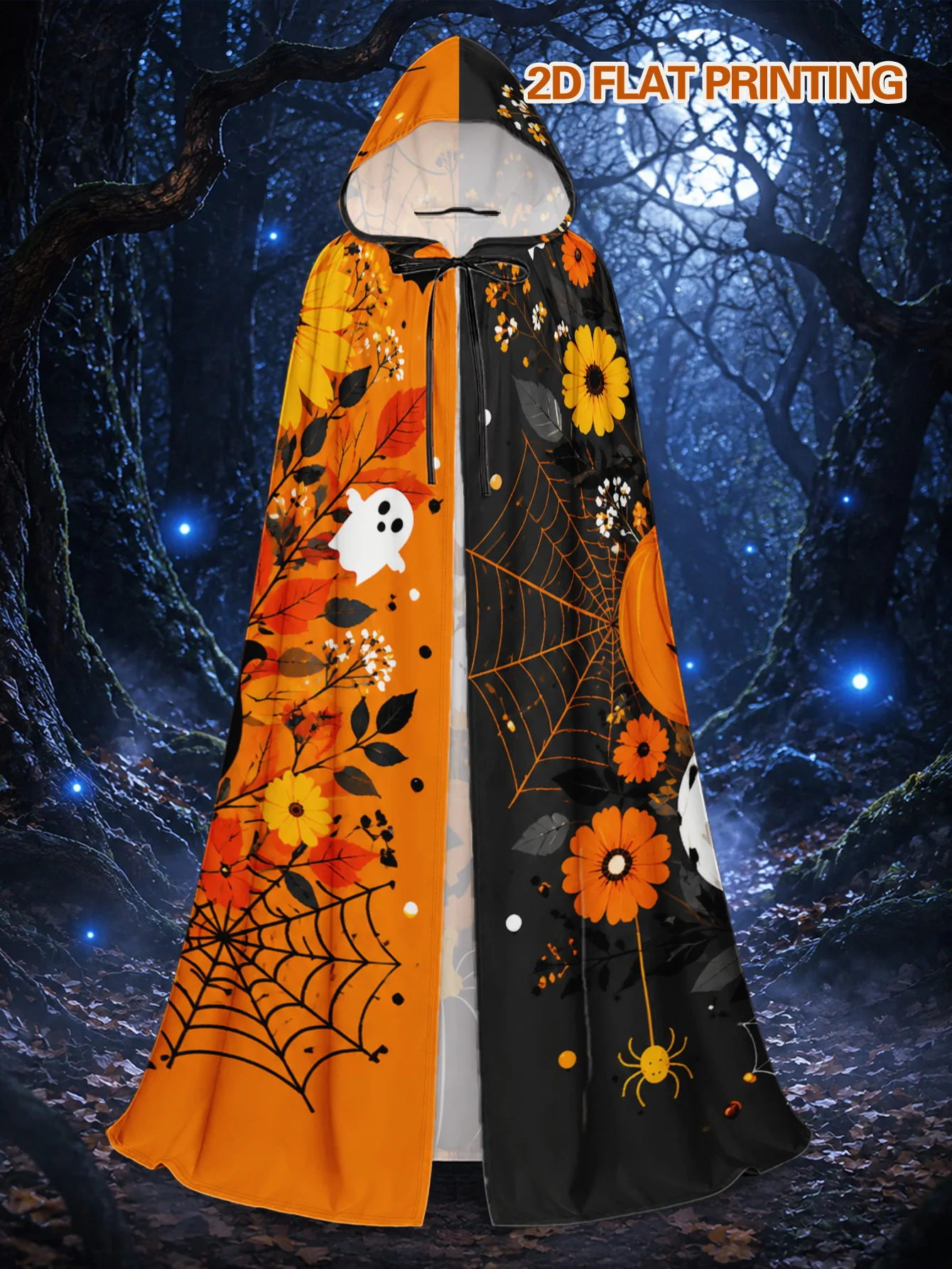 Customization 1pc, Long Adult Hooded Cape With Halloween Floral Arrangement Elements, Suitable For Halloween Scary Costume Event