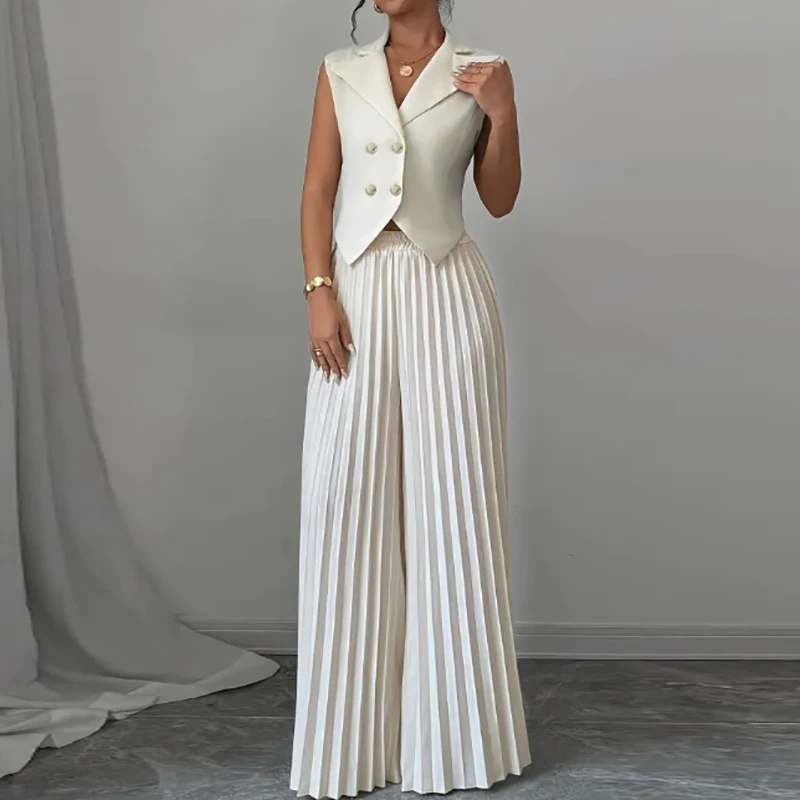 

Sexy Lapel Sleeveless Top & Long Pant Set Women Elegant Button Pleated Commute Suit Office Fashion Hight Waist Solid 2Pc Outfits