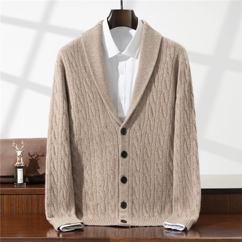 

Green Fruit Collar Thickened 100% Wool Cardigan Men's Autumn Winter Jacquard Knitwear High-end Fashion Sweater Jacket