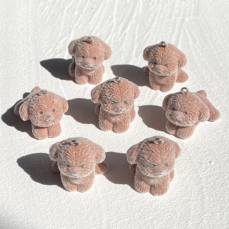 5Pcs 3D Flocking Brown Teddy Dog Charms Mini Cute Plush Animal Dog Resin Pendant for Keychain Earring DIY Crafts Jewelry Make