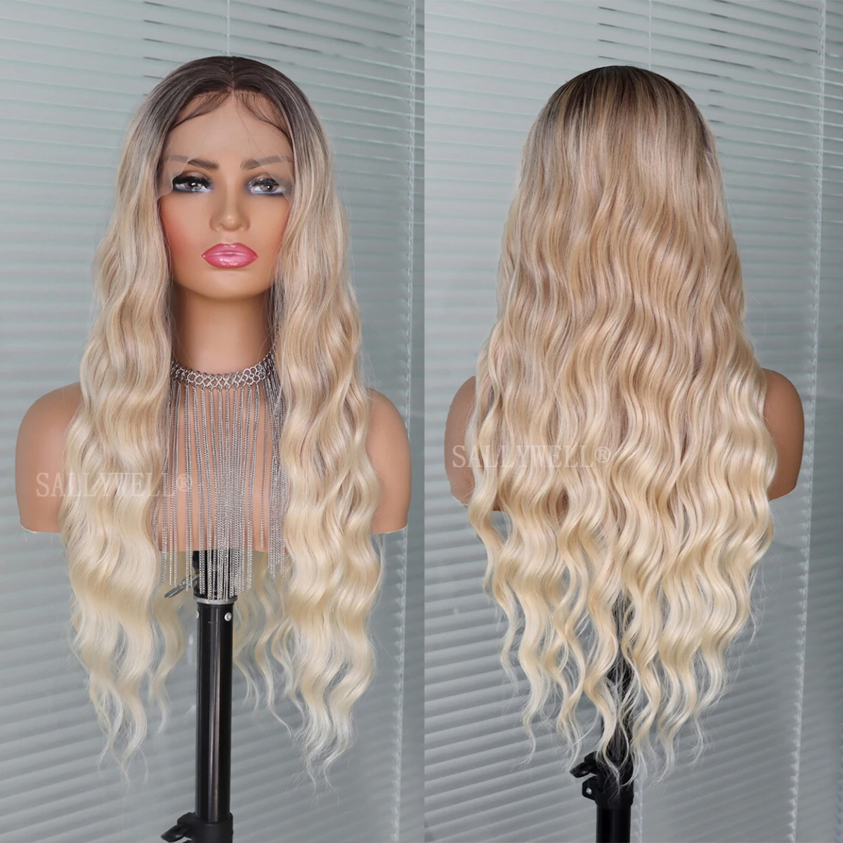 

13*4 Lace Front Wig Long Blonde Body Wavy Wig Ombre Blonde Synthetic Wig with Natural Hairline Glueless Heat Resistant Fiber Wig