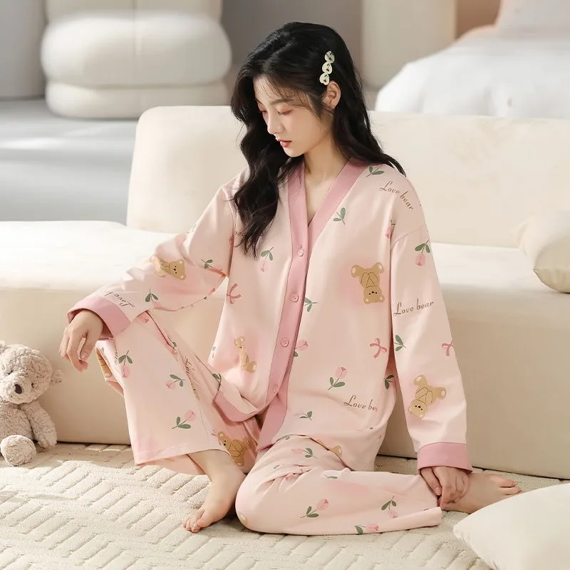 Spring Autumn Pure Cotton Pajamas Women Long-Sleeved Trousers Sleepwear Two-Piece Set Casual Sweet V-neck Student Homewear Suit