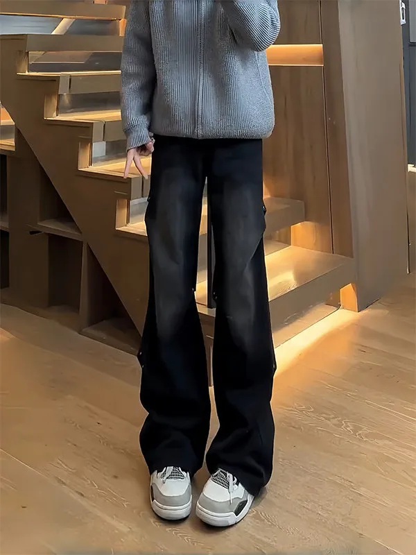 

Bla Waed Folded Knife Jeans Men's Autumn Winter American High Street Wide Leg Pants Cleanfit Flared Pants Casual Wear