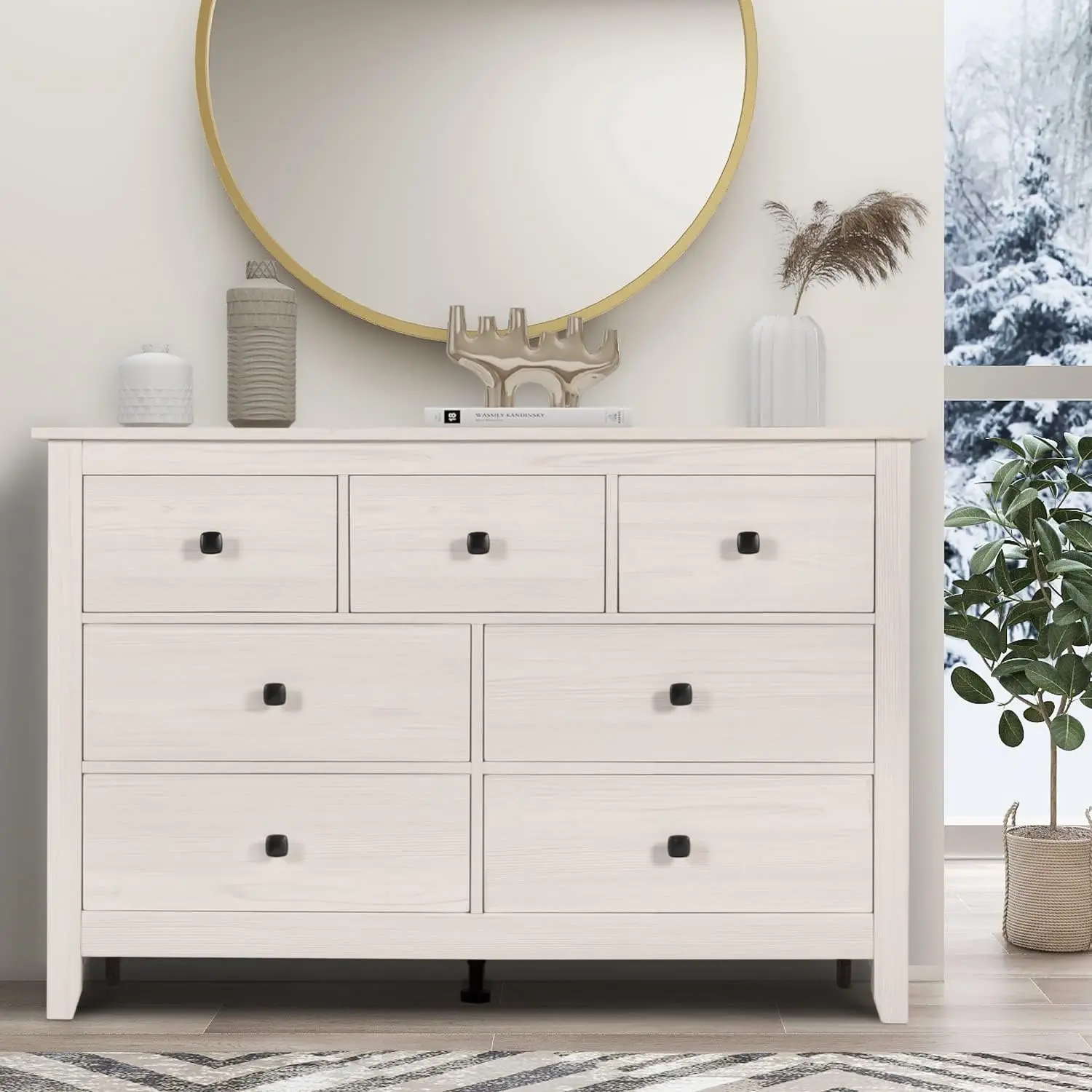 Dresser and Nightstand Set - 3 Pieces Bedroom Set with 7 Drawer Dresser and 1 Drawer Nightstands, Wood Double Dresser, White Woo