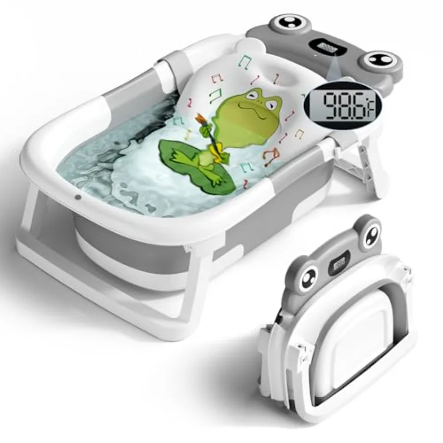 

Collapsible Baby Bathtub for 0-24 Months with Soft Cushion and Thermometer Portable Travel Tub with No-Slip Feet Grey