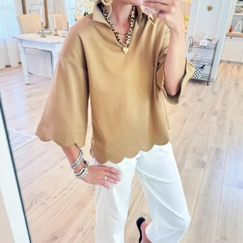 

Women's Loose Collared Pullover Hoodie Top, Autumn and Winter Solid Color Irregular Lace Flared Sleeve Temperament Top Vacation