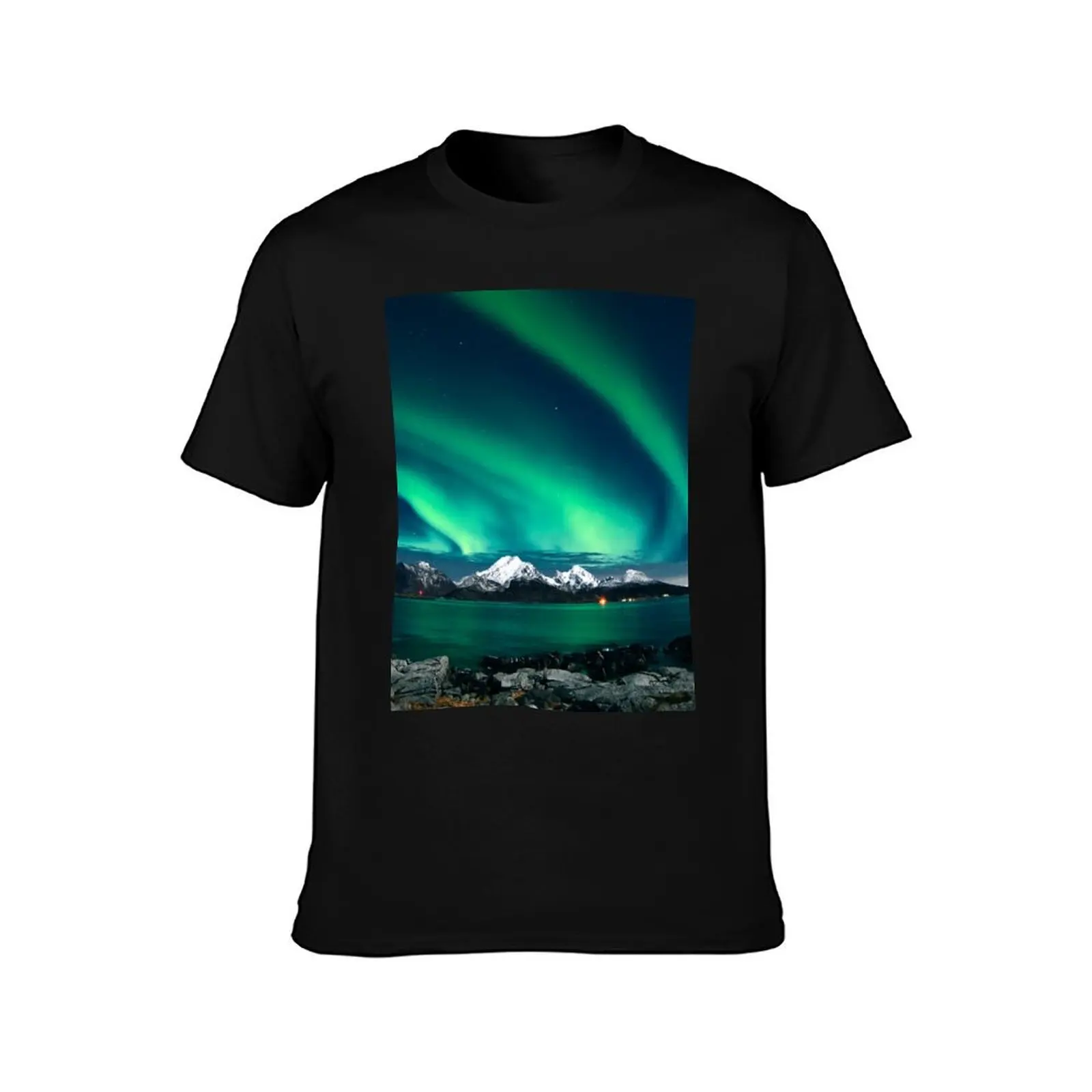 northern lighs sky above snowed mountains with a phenomenon sea T-Shirt Athletic Fit Sports Short Sleeve Top