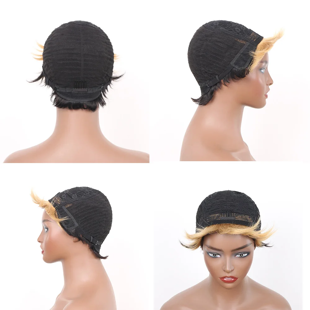Short Straight Bob Wig Pixie Cut Wig Human Hair For Black Women With Bangs Brazilian Virgin Hair Non Lace front Cheap Wig Black image 6