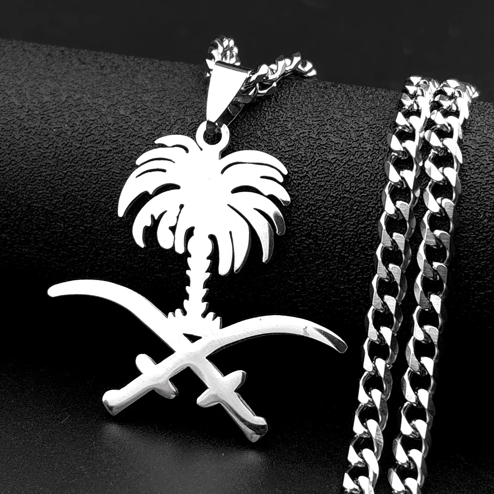 Saudi Arabia National Emblem Palm Tree Crossed Ali Sword Pendant Necklace Stainless Steel Gold Color Islamic Arab Chain Jewelry - view 5