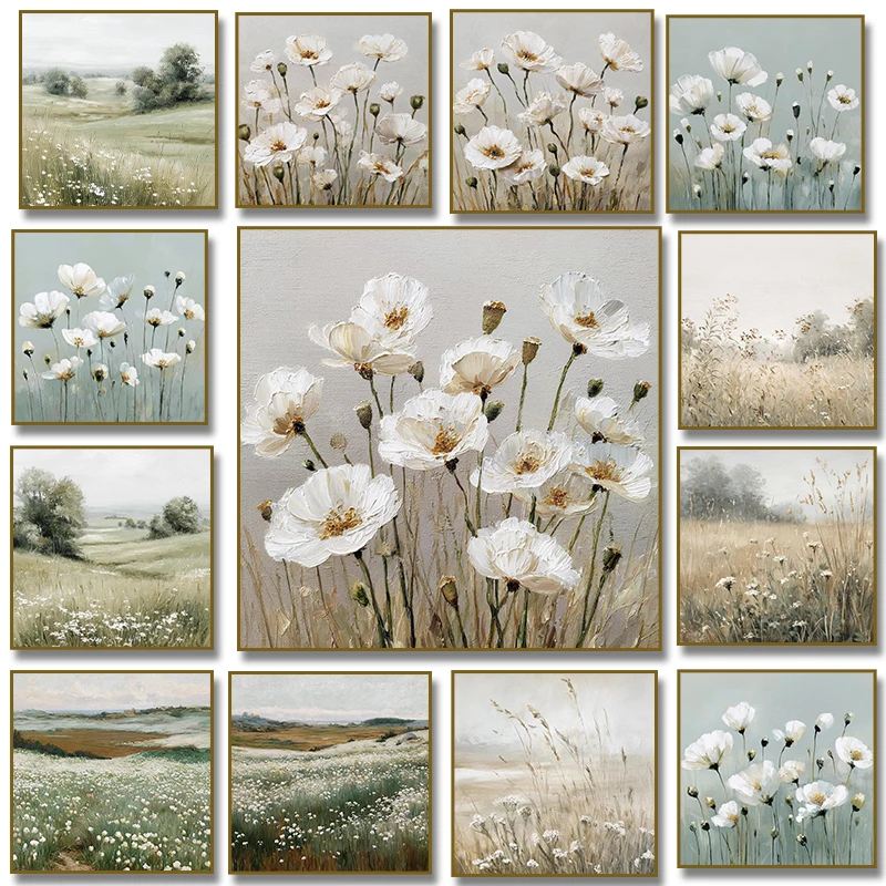 Abstract Flowers Poster White Poppies Wildflowers Field Canvas Painting Print Wall Picture for Living Room Home Decor Cuadros