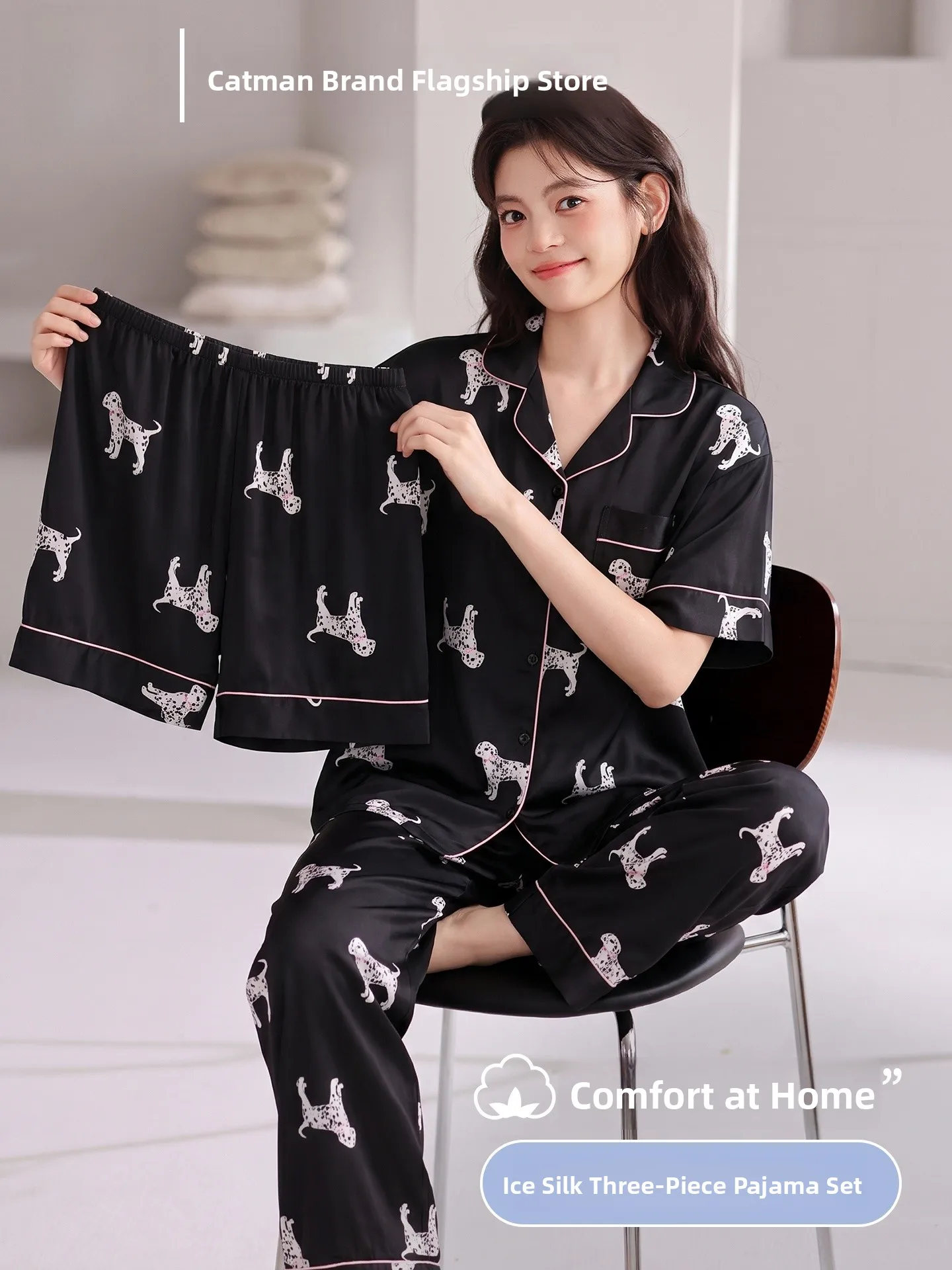 ice-silk-sleepwear-three-piece-set-women's-summer-new-short-sleeve-high-cool-sensation-can-wear-outdoor-home-clothes-set
