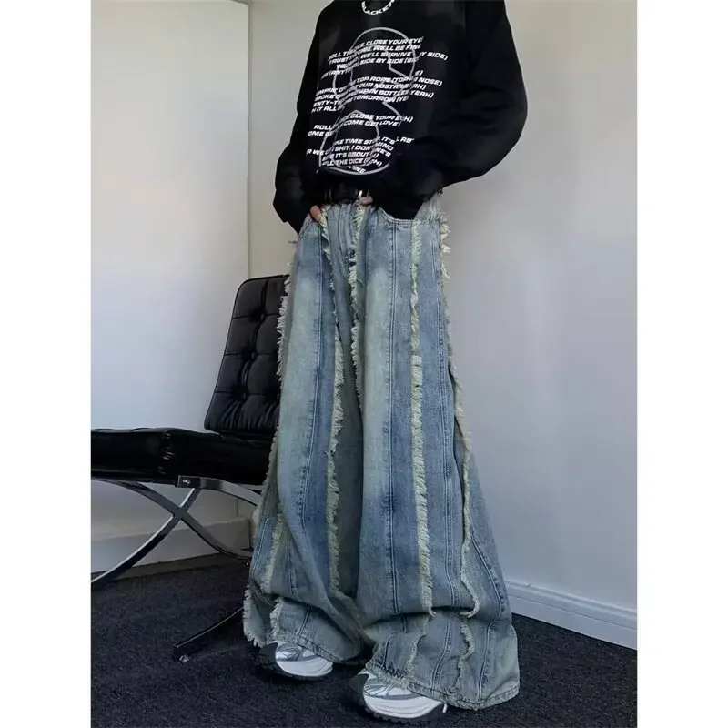 American Style Niche Destructive Splicing Fringed Jeans Men's Loose Fit Fringe Design Trailing Micro Bell Bottoms Men