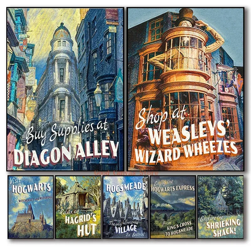 Magic Castle Retro Poster Train Travel Tourism Witch Canvas Painting Print Vintage Movie Hogwart Cover Wall Art Room Home Decor