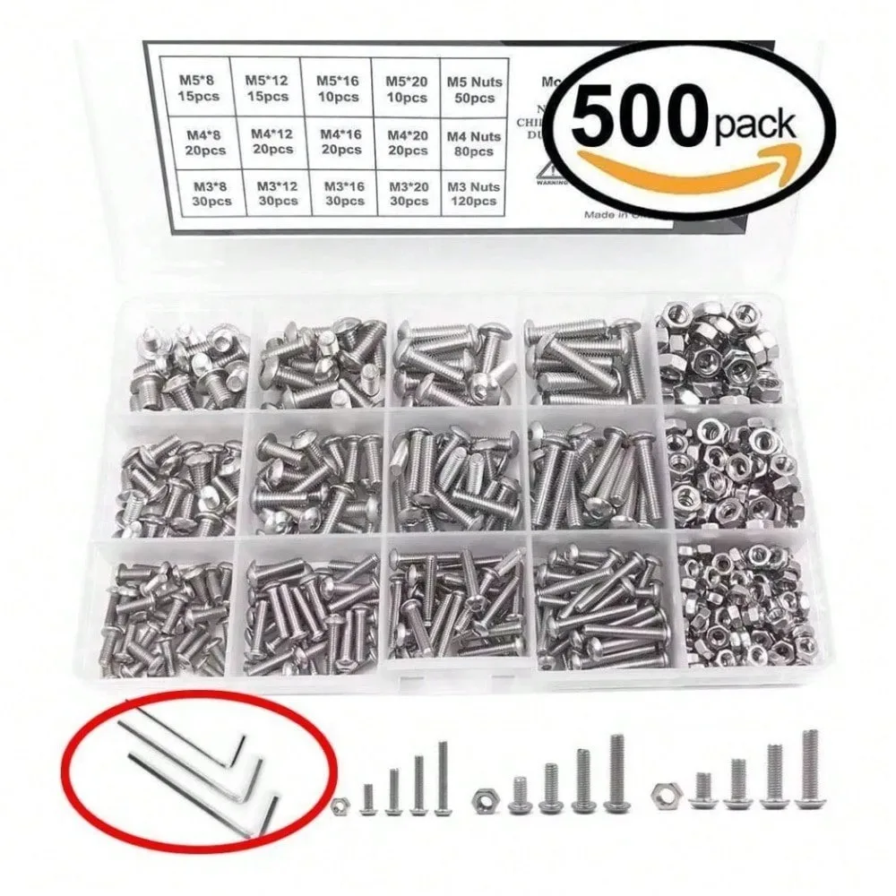 500 PCS Hex Head Screws M3 M4 M5 Flat Steel Stainless Steel Hexagon Socket Bolts and Nuts Set Bolt Nut Set Assortment Kit Box