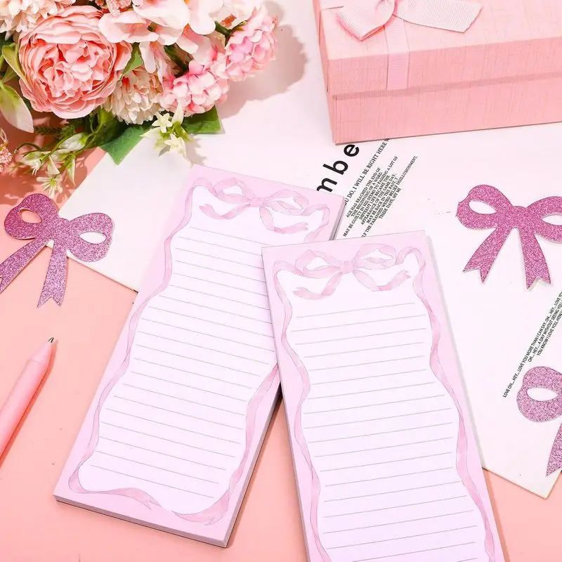60pages/pack Pink Bow Magnetic Fridge Notepad Tear‑Off Lined Memo Pad Refrigerator Grocery List Notebook for Home Kitchen