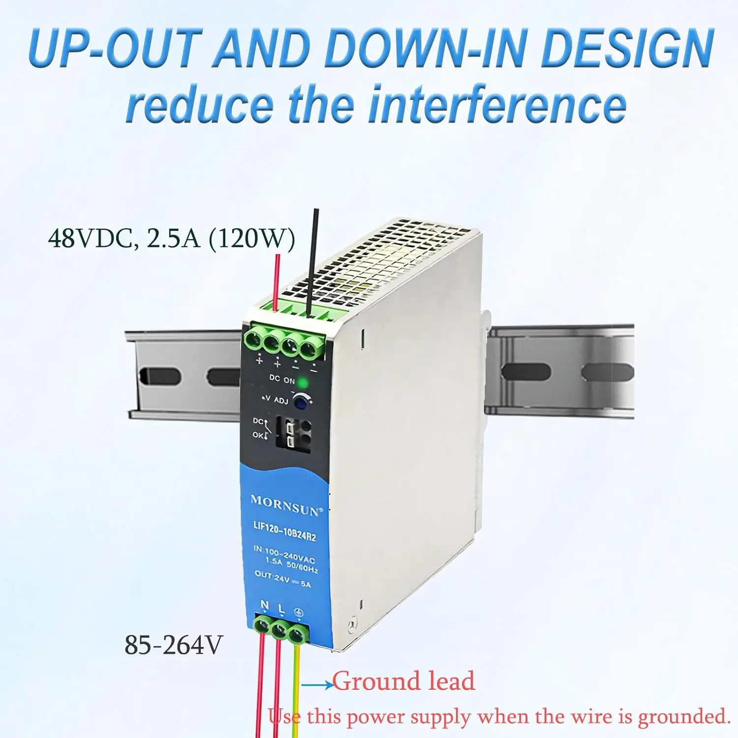 120W DIN Rail Power Supply with DC OK Function and Active PFC, 2.5A, 48VDC Output