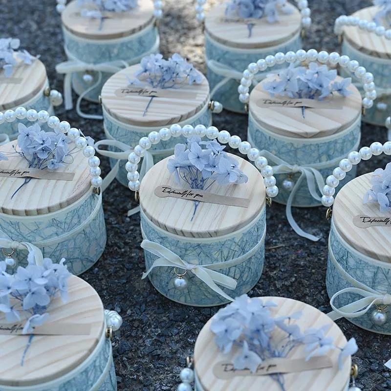 

10Pcs Pearl Handheld Gift Box Wooden Cover Cylinder Packaging Paper Candy Favor Boxes Wedding Baby Shower Party Supplies