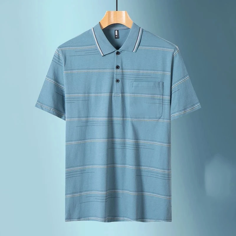 Men's Cotton Striped Polo Shirt Summer Casual Short Sleeve T Shirt For Middle Aged Dad