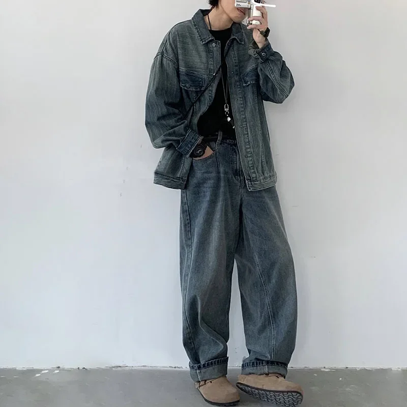 Hip Hop Denim Set Men Women Washed Distressed Striped Denim Jackets+Vintage Straight Loose Harlan Jeans High Street Cargo Suit