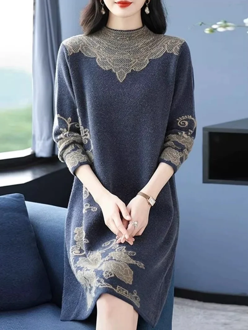 

Женское вязаное платье миди свободного кроя 2026 Осень-Зима, шерстяное платье-свитер с длинным рукавом, повседневное модное платье больших размеров, W2323