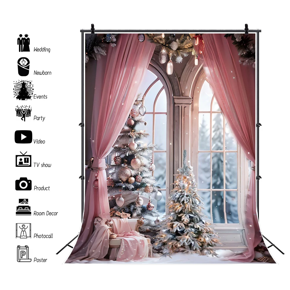 Winter Christmas Window Snow Photo Backdrop Pink Curtain Interior Xmas Tree Gift New Year Party Decor Photography Background