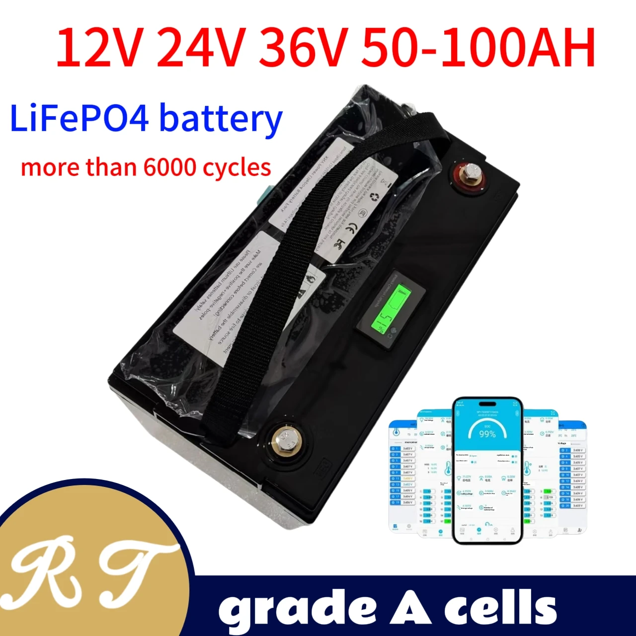 

12V 100AH 120Ah 150Ah 24V 36V 40Ah 50AH 60Ah 80Ah lifepo4 lithium battery deep cycle batteries bluetooth BMS with charger