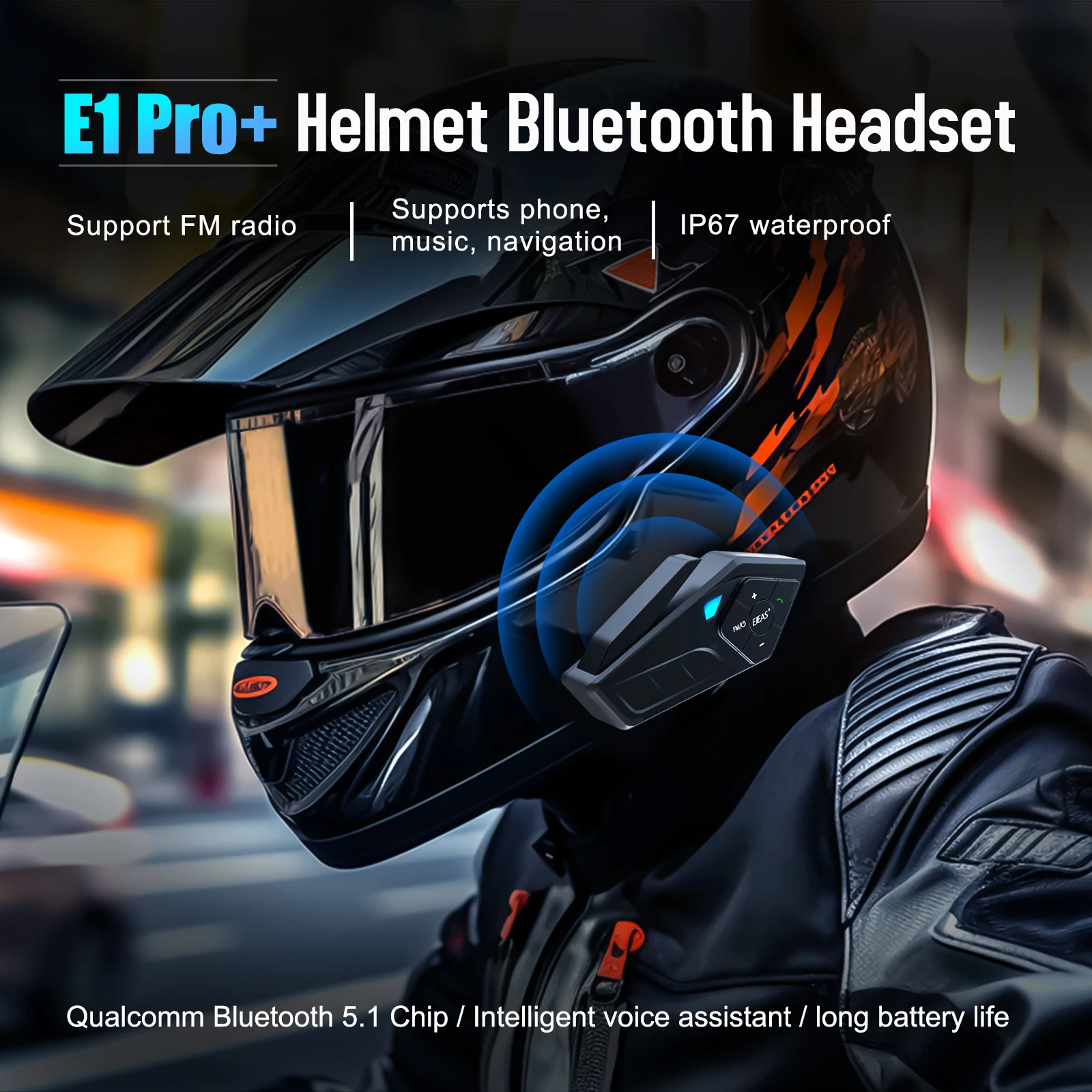 EJEAS E1 PRO+ Motorcycle Helmet Bluetooth Headset BT5.1 Support FM Radio SafeRiding APP lP67 Waterproof