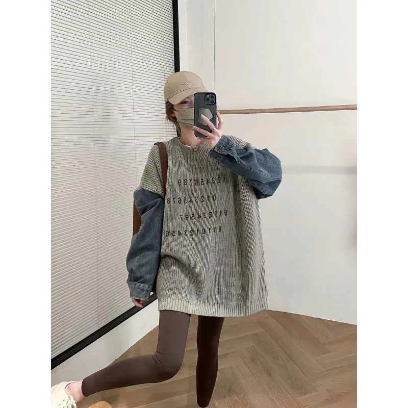 

Denim Spliced Knitted Sweater Knitted Sweater 2025 Autumn and Winter New Loose Versatile Top Base