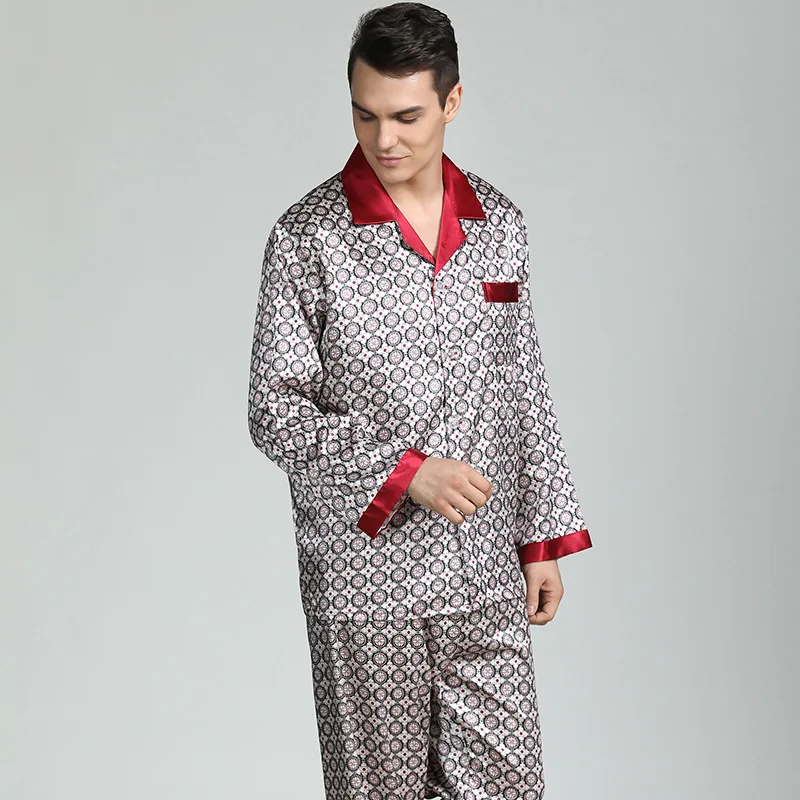 Long Sleeve Shirt&pants Male Satin Print Nightwear Pajamas Set Men's Home Clothes Casual Trousers Suit Spring Summer Loungewear