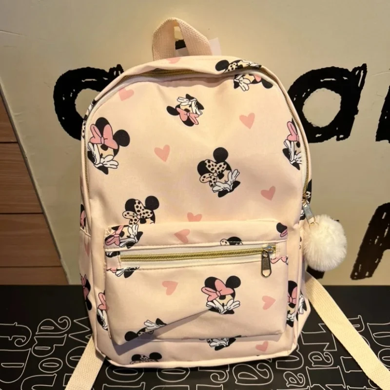 

Новый детский рюкзак Disney Minnie 2026 года с полным принтом, милый легкий школьный ранец для девочек с помпонами