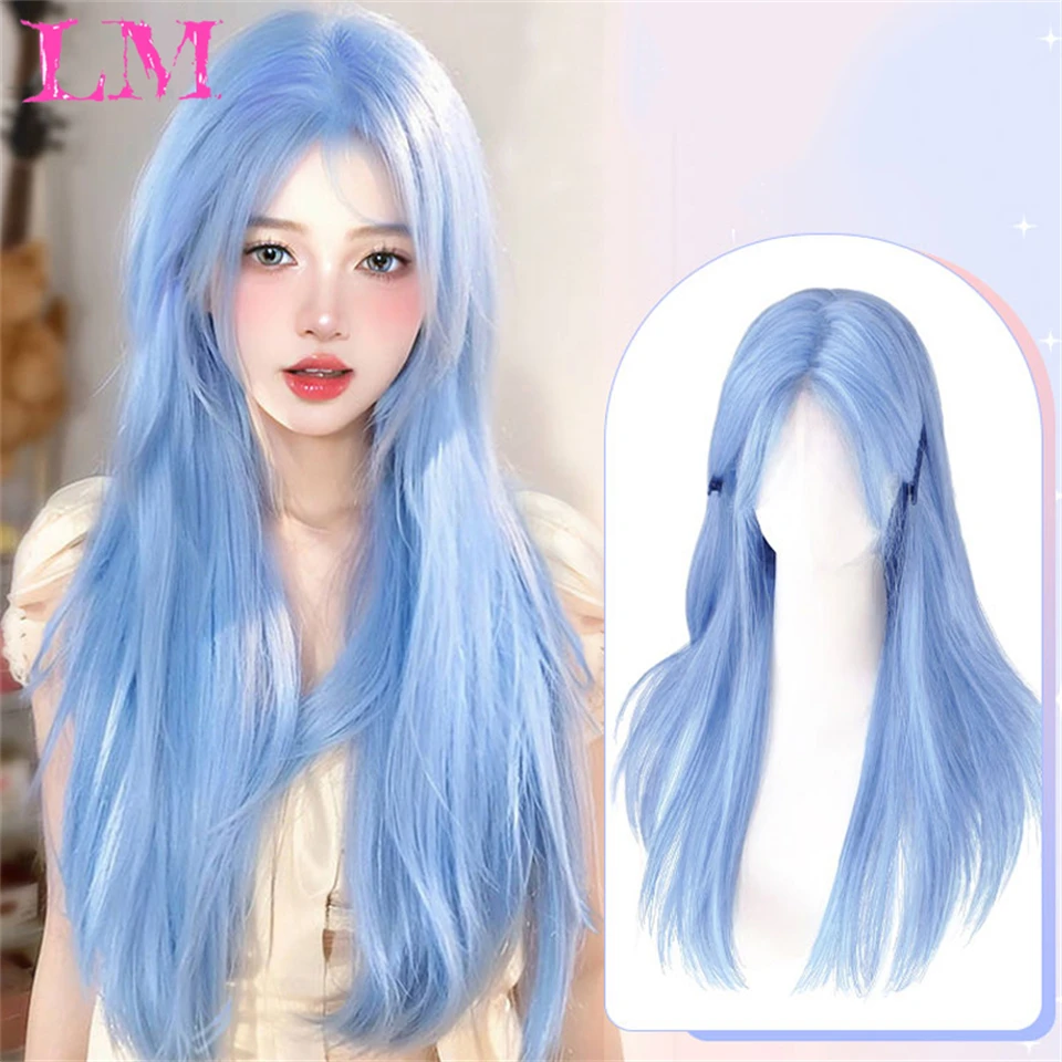 LM Synthetic Wig Long Straight Wigs Light Blue Black Wigs For Black Women Heat Resistant Cosplay Wigs