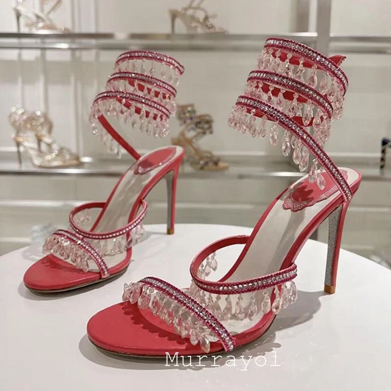 Tassels Rhinestone Decor Thin High Heels Sandalias Women Ankle Snake Shaped Strap Entanglement Sandals Summer Party Dress Shoes