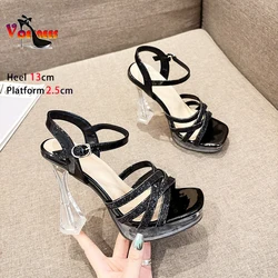 Summer Black Narrowband Shoes For Ladies 10CM 13CM Luxury Sequin Party Sandals 2024 New Designer Women Thick Platform High Heels