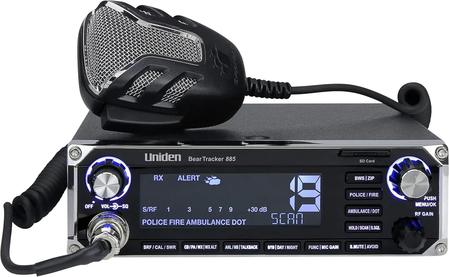 885 Hybrid Full-Featured CB Radio Police BearTracker Warning System Alerts, 40-channel CB, 4-Watts power, 7-color display.