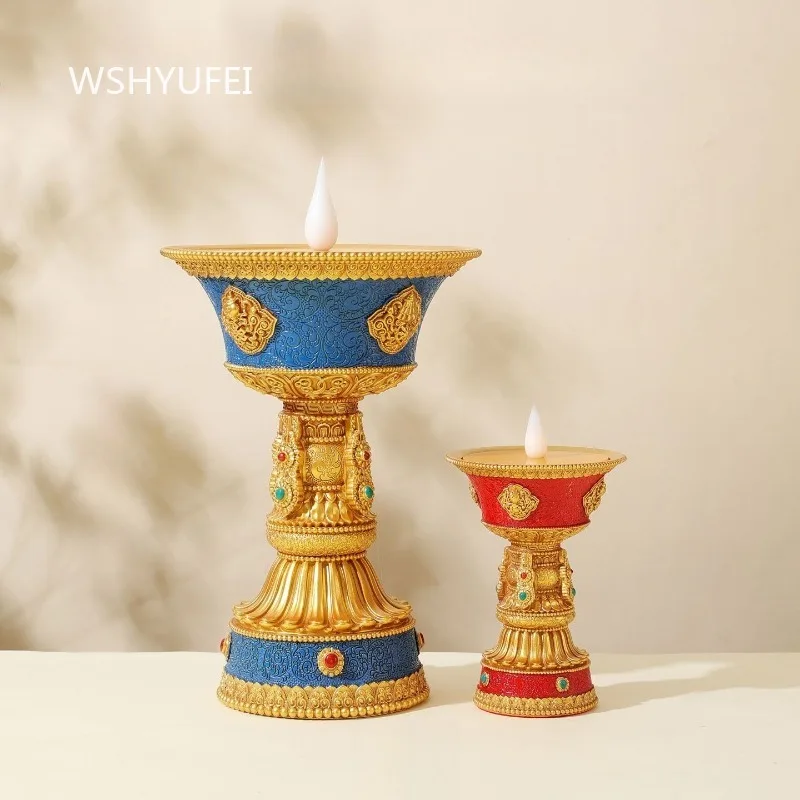 1pc LED Electronic Butter Lamp Resin Plug-in Perpetual Light Chinese Smokeless Candle Light Household Buddha Hall Decoration
