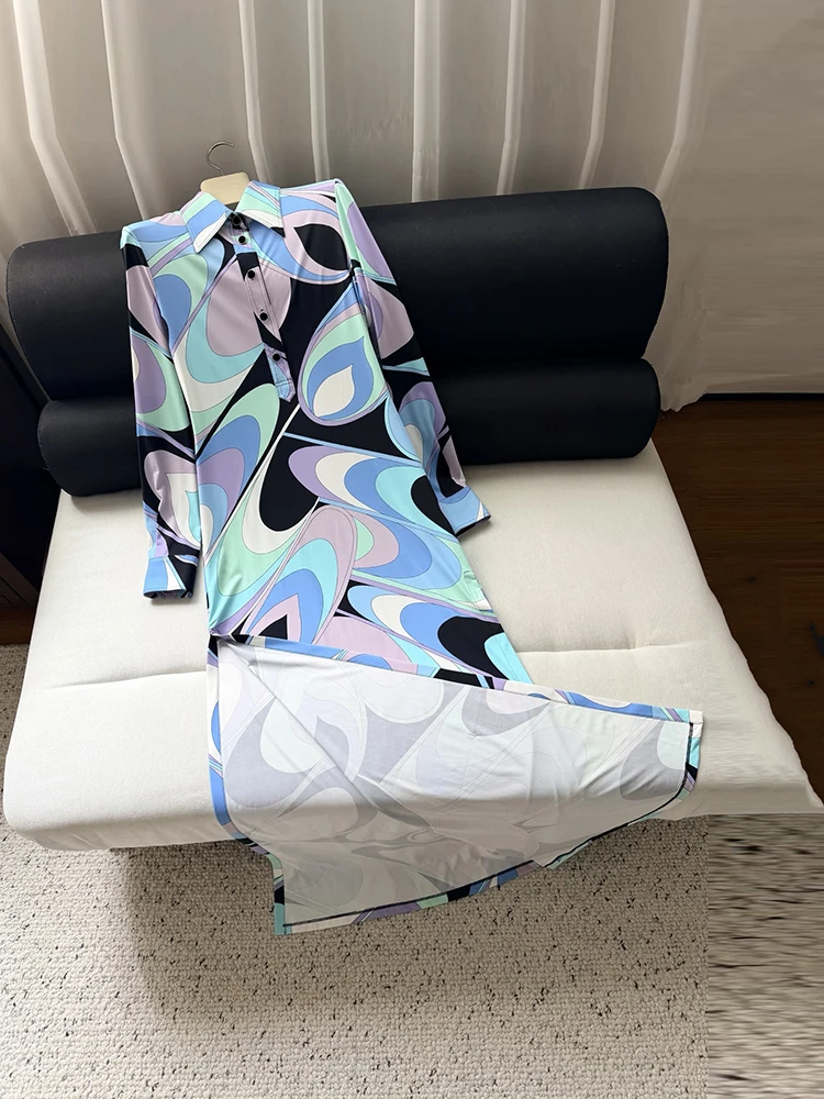Spring Autumn Fashion Vintage Geometric Print Shirt Floor-Length Dress Women's Turn-down Collar Button Long Sleeve Long Dresses