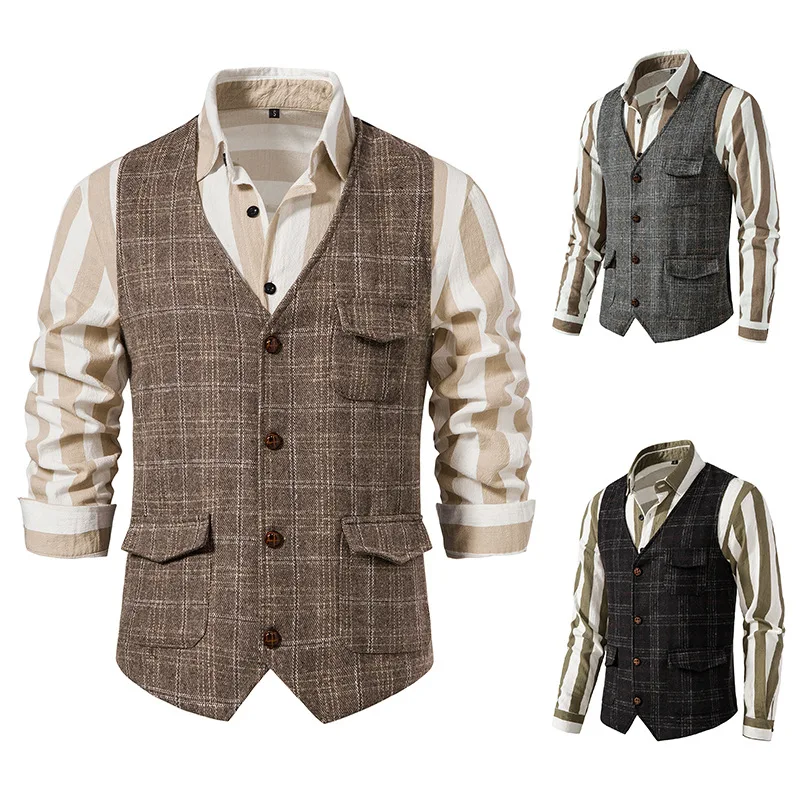 

Men Suit Vest Tweed Plaid Waistcoat Business Wedding Casual V Neck Collar Male Men's Blazer Vests Formal Party Dress V12