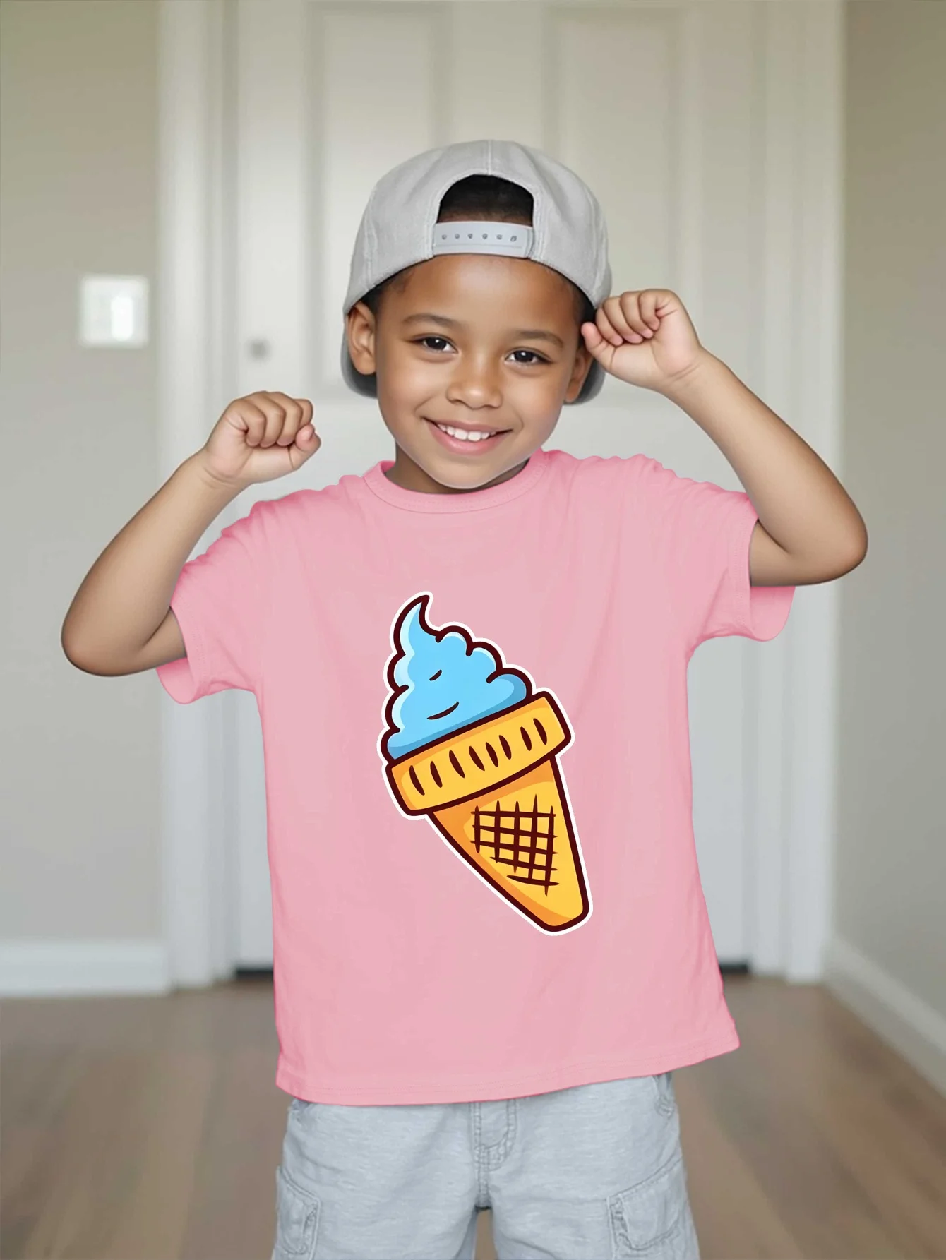 Cartoon Ice Cream Cone Print Kids T Shirt Boys Girls Summer Short Sleeve Tee Family Matching Children Casual Daily Wear Top