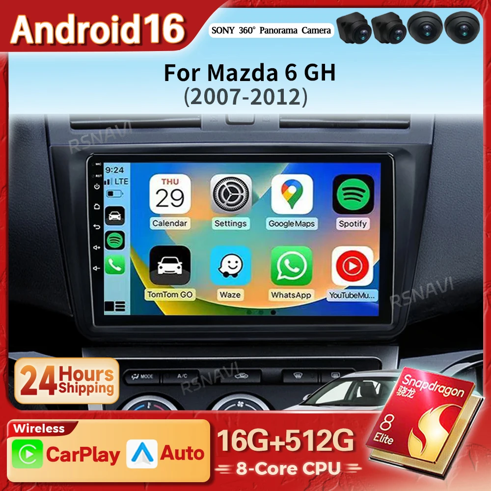 Android 16 Car Radio Navigation Multimedia Player For Mazda 6 GH Rui Wing 2007 - 2012 GPS Video Stereo Carplay Auto Snapdragon